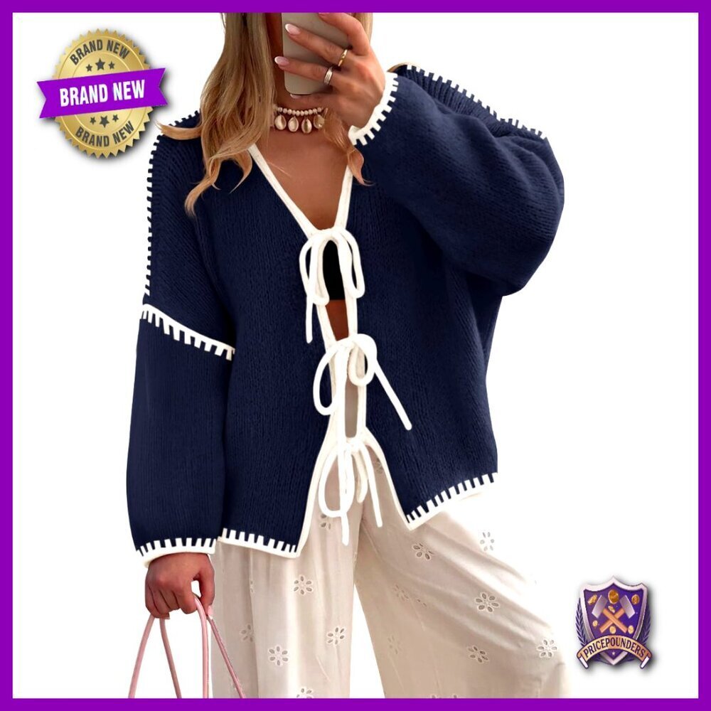 Oversized Tie Front Bow Sweater Chic Elegant Long Sleeve Winter Cardigan